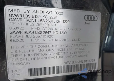 2020 Audi Q3 Premium Plus 45 Tfsi S Line Quattro Tiptronic z USA, uszkodzony, nr VIN WA1EECF34L1091728